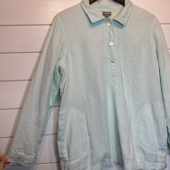 J Jill Linen Top Medium LINED Heavyweight 1/4 Button Long Sleeve Henley Blue - Picture 3 of 11